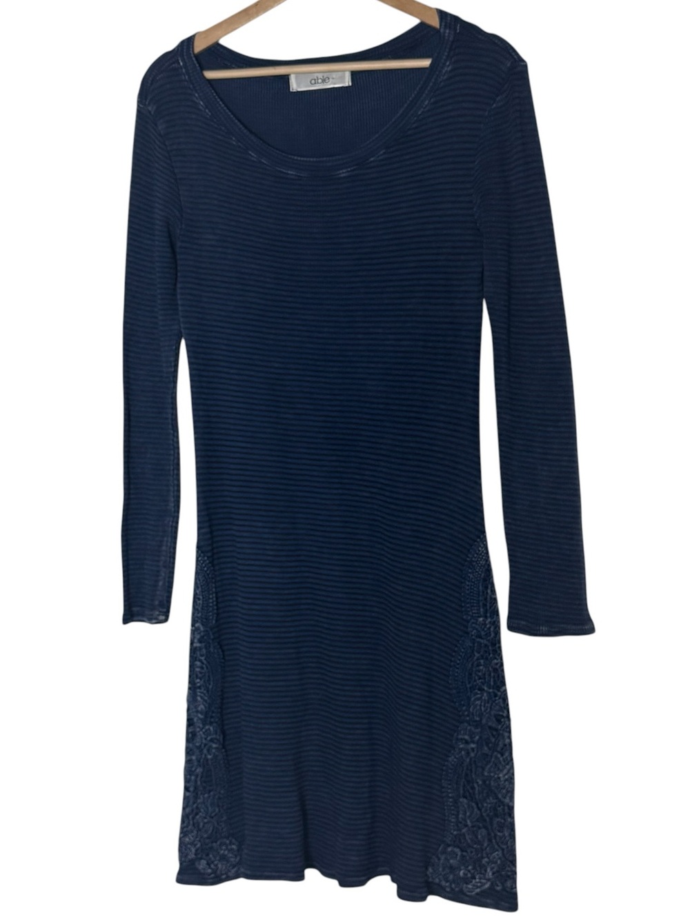 Able Textured Waffle Knit Embroidered Long Sleeve A-Line Dress Size S Navy Blue